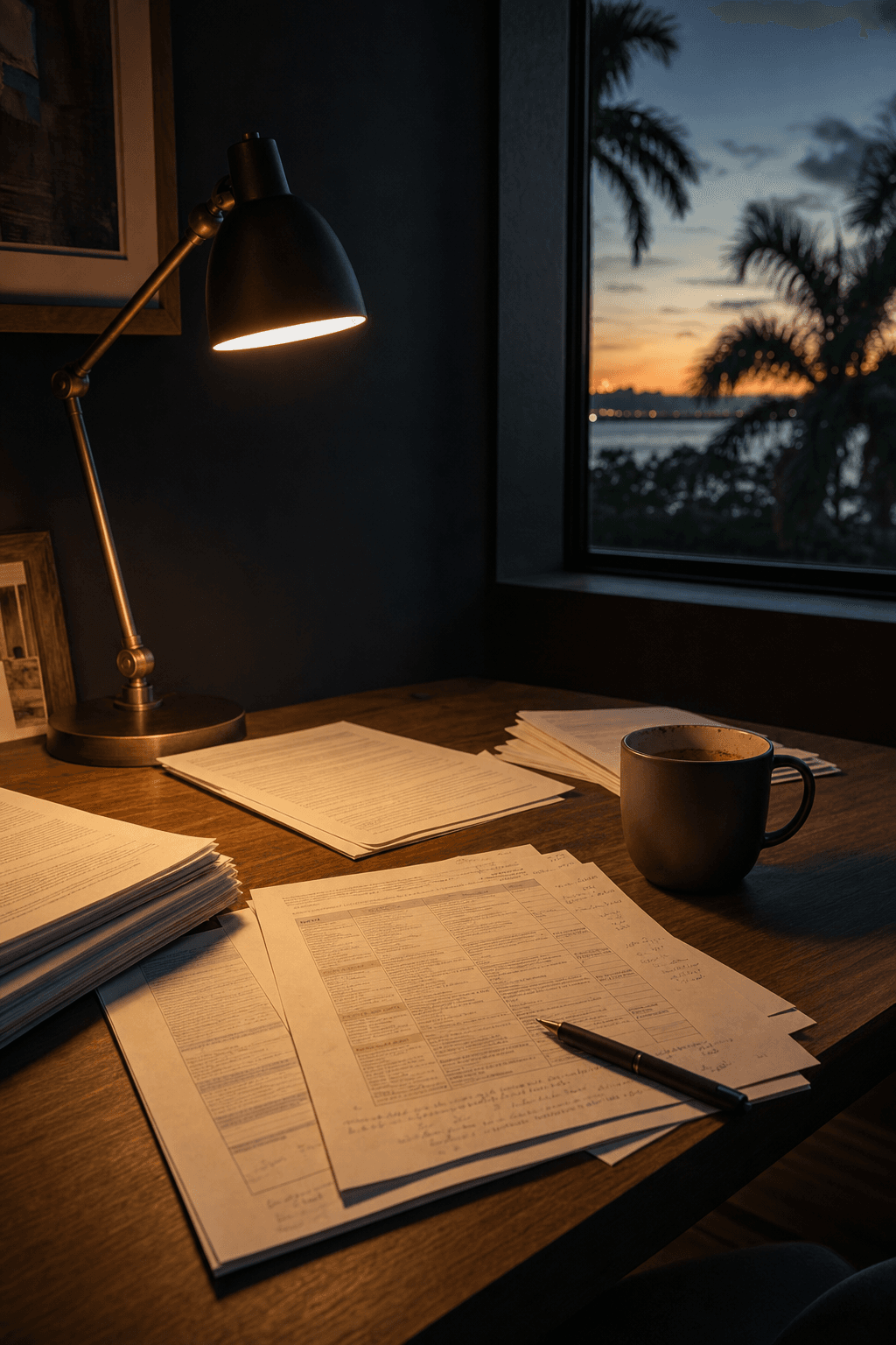 A quiet workspace at dusk with a desk lamp illuminating grant documents and a scoring rubric scattered across a wooden desk, with palm trees and a sunset visible through a window