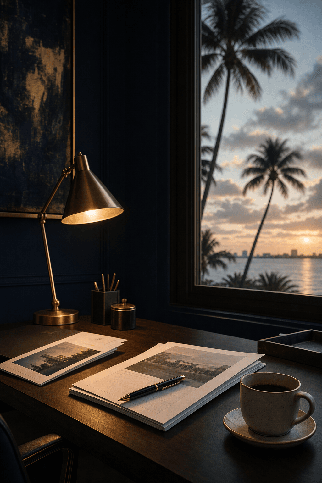 Deep navy workspace at dawn with a single gold lamp illuminating a clean desk, proposal drafts stacked neatly, window showing early Florida morning light — quiet grant strategy atmosphere.