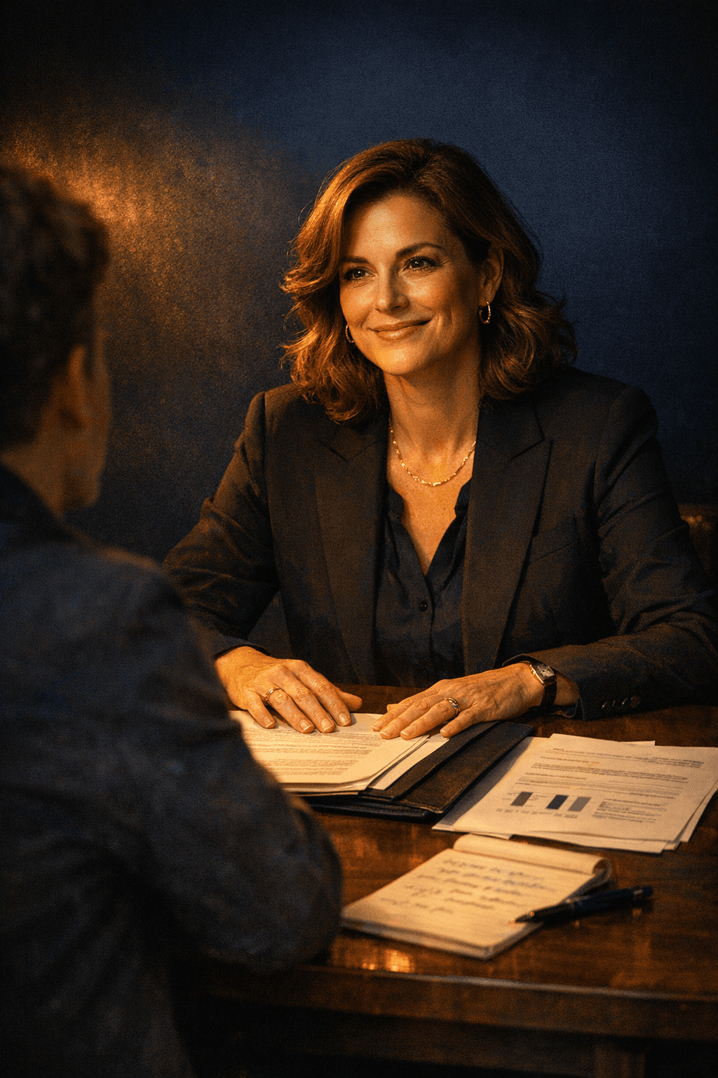 A consultant and nonprofit client collaborating over grant documents in a warm, golden-lit, deep navy setting
