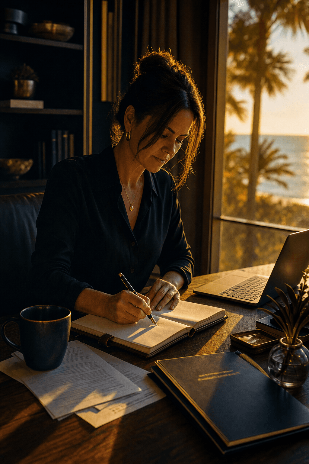 Editorial portrait of a person writing at a wooden desk in golden hour light with deep navy and warm gold tones, representing the quiet strategy behind successful grant writing.