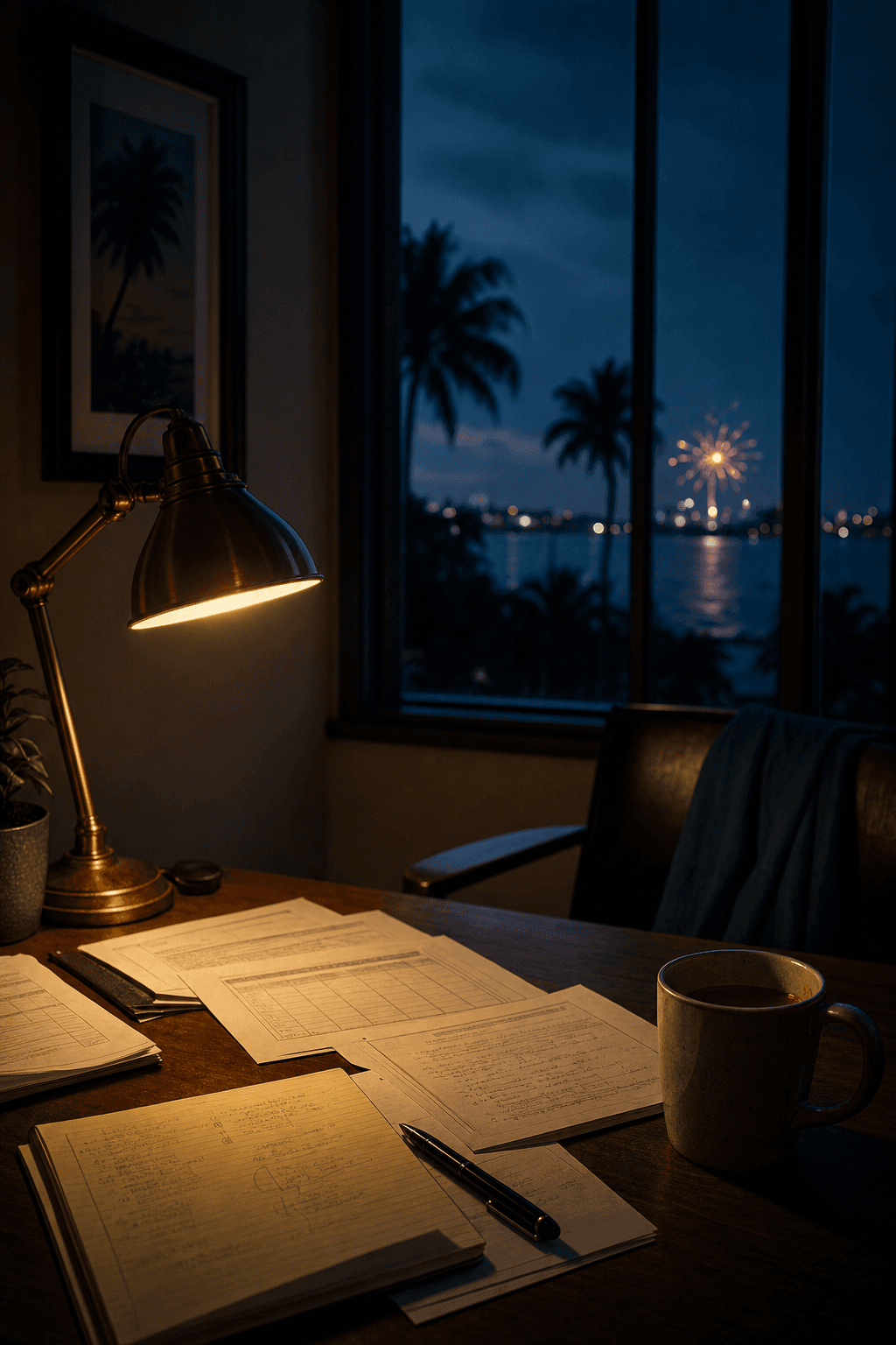 A quiet desk scene at night with a warm lamp illuminating grant paperwork, faint fireworks visible through the window, deep navy and gold tones