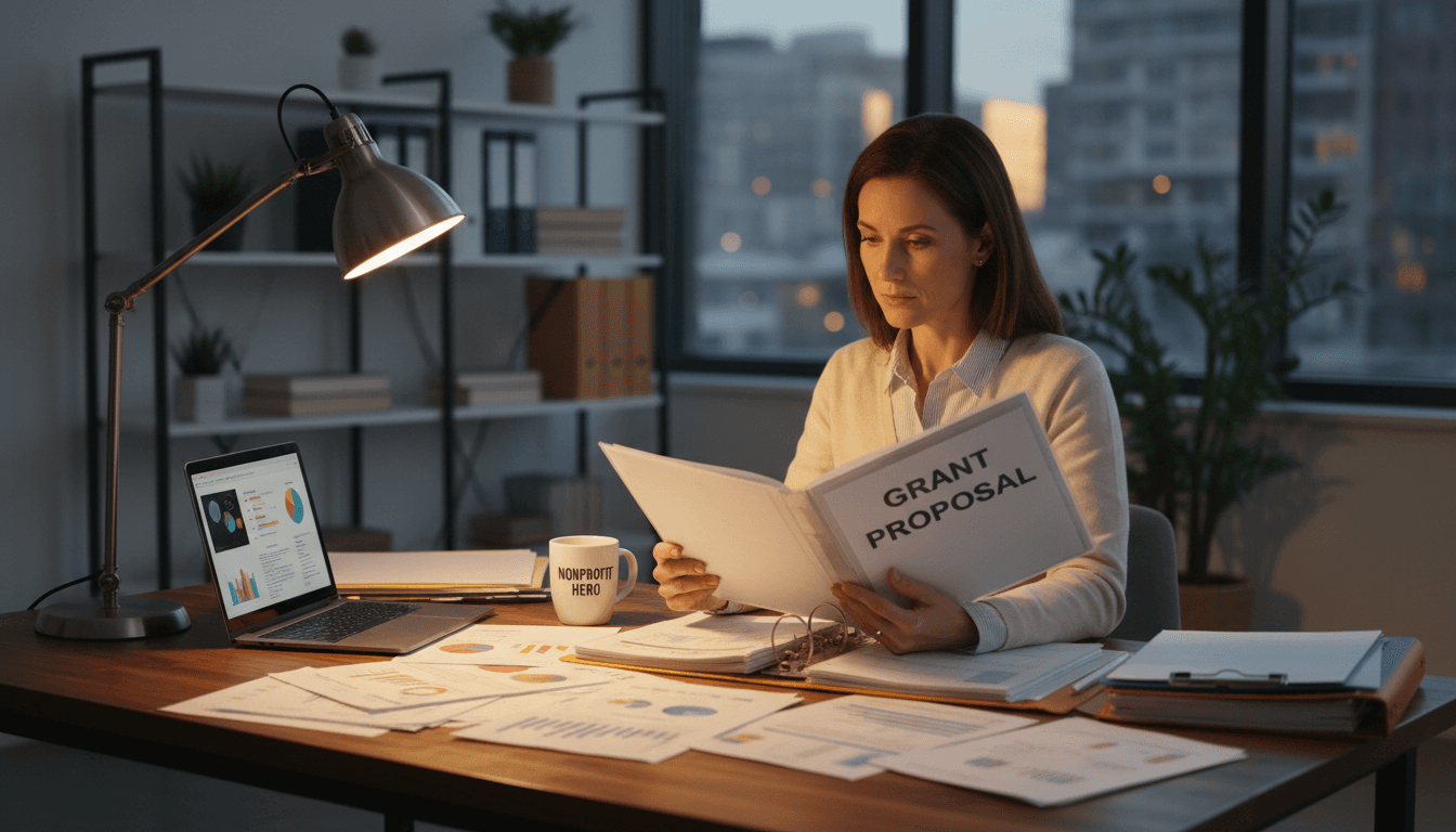 A focused professional reviewing a grant proposal at a clean, well-lit desk with papers and a laptop