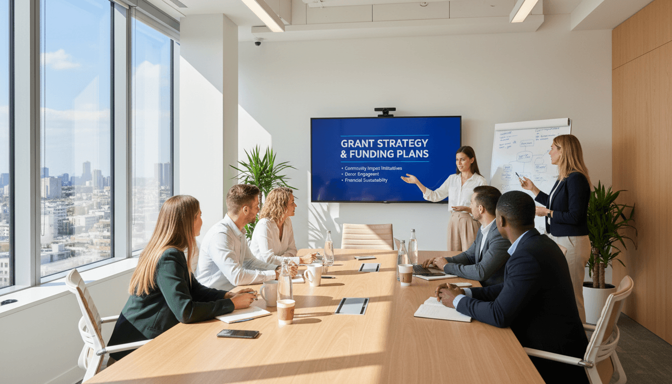 Nonprofit team collaborating on grant writing and fundraising strategy